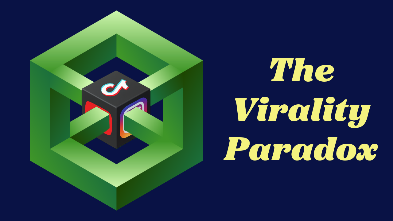 The Virality Paradox with an image of a paradoxical box with an inner cube of social media platform logos.